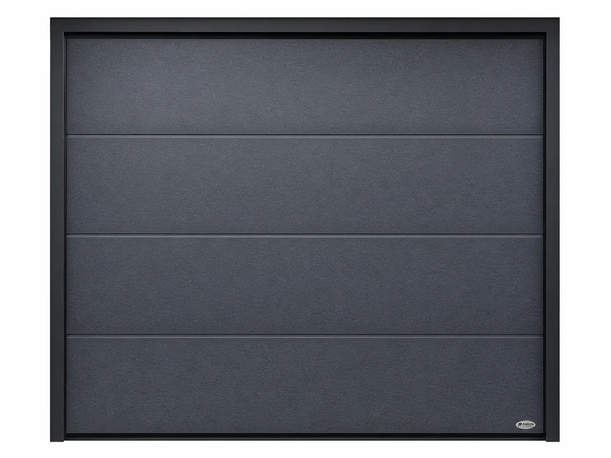 Novoferm-Sektionaltor Großlamelle Glatt in Satin Dark Grey (ähnlich RAL 7016), Ansicht von vorn mit Rahmen