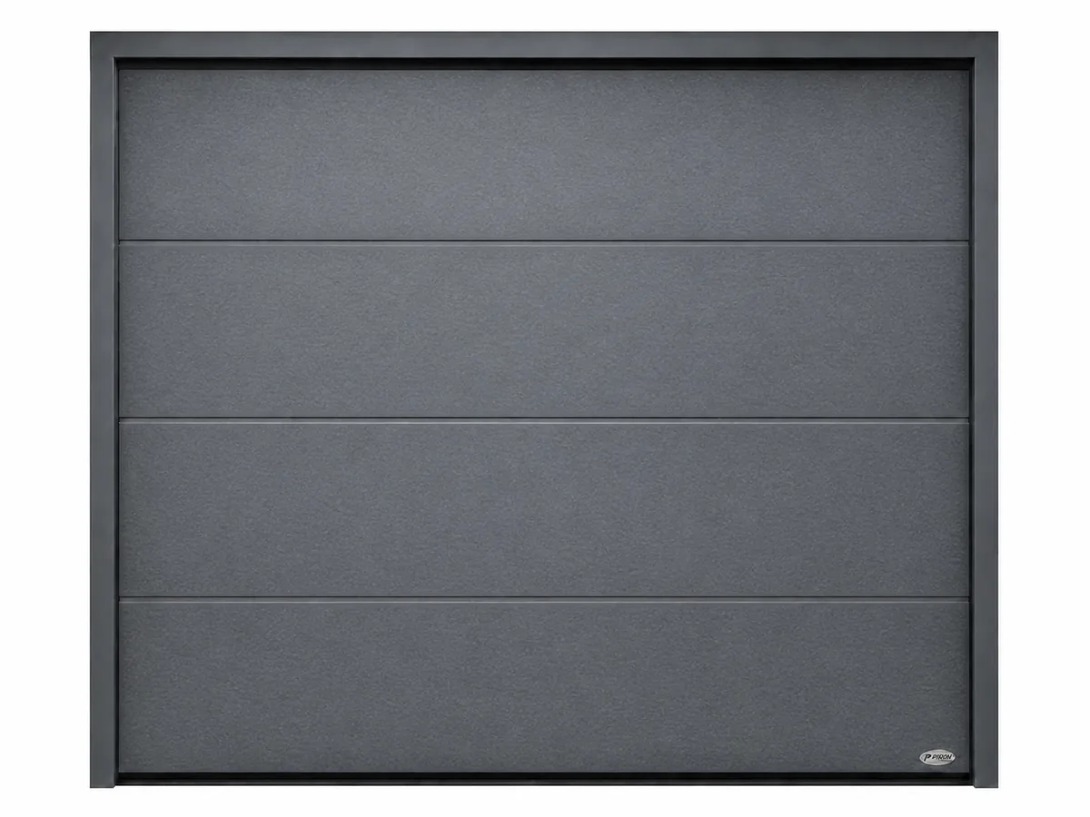 Novoferm-Sektionaltor Großlamelle Glatt in Satin Grey (ähnlich DB703), Ansicht von vorn mit Rahmen