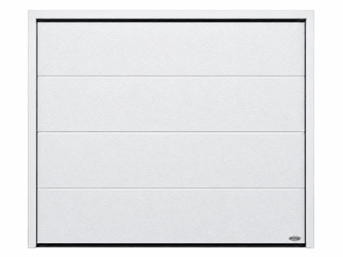 Novoferm-Sektionaltor Großlamelle Glatt in Satin White (ähnlich RAL 9016), Ansicht von vorn mit Rahmen