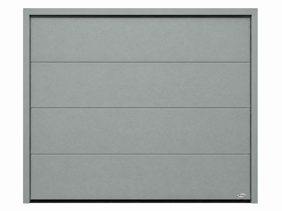 Novoferm-Sektionaltor Großlamelle Glatt in Satin Window Grey (ähnlich RAL 7040), Ansicht von vorn mit Rahmen