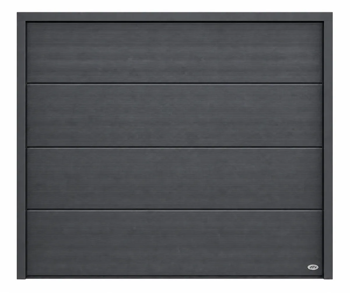 Novoferm-Sektionaltor Großlamelle Microline in Satin Grey (ähnlich DB701), Ansicht von vorn mit Rahmen
