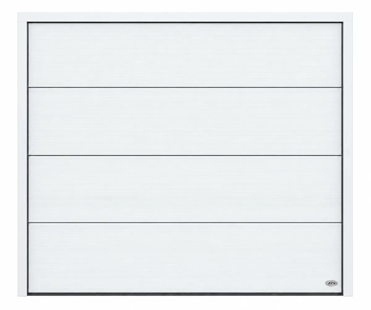 Novoferm-Sektionaltor Großlamelle Microline in Satin White (ähnlich RAL 9016), Ansicht von vorn mit Rahmen