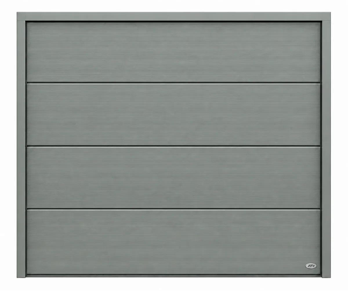 Novoferm-Sektionaltor Großlamelle Microline in Satin Window Grey (ähnlich RAL 7040), Ansicht von vorn mit Rahmen