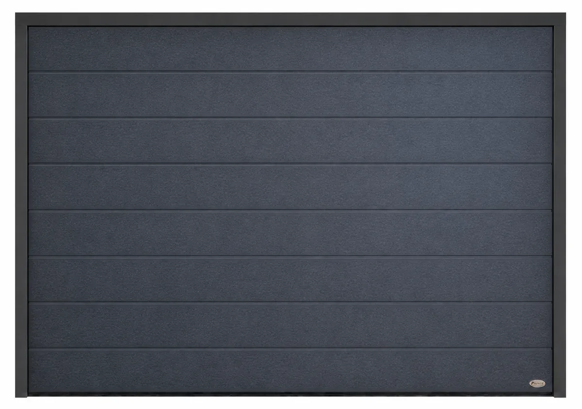 Novoferm-Sektionaltor Großsicke Glatt in Satin Dark Grey (ähnlich RAL 7016), Ansicht von vorn mit Rahmen