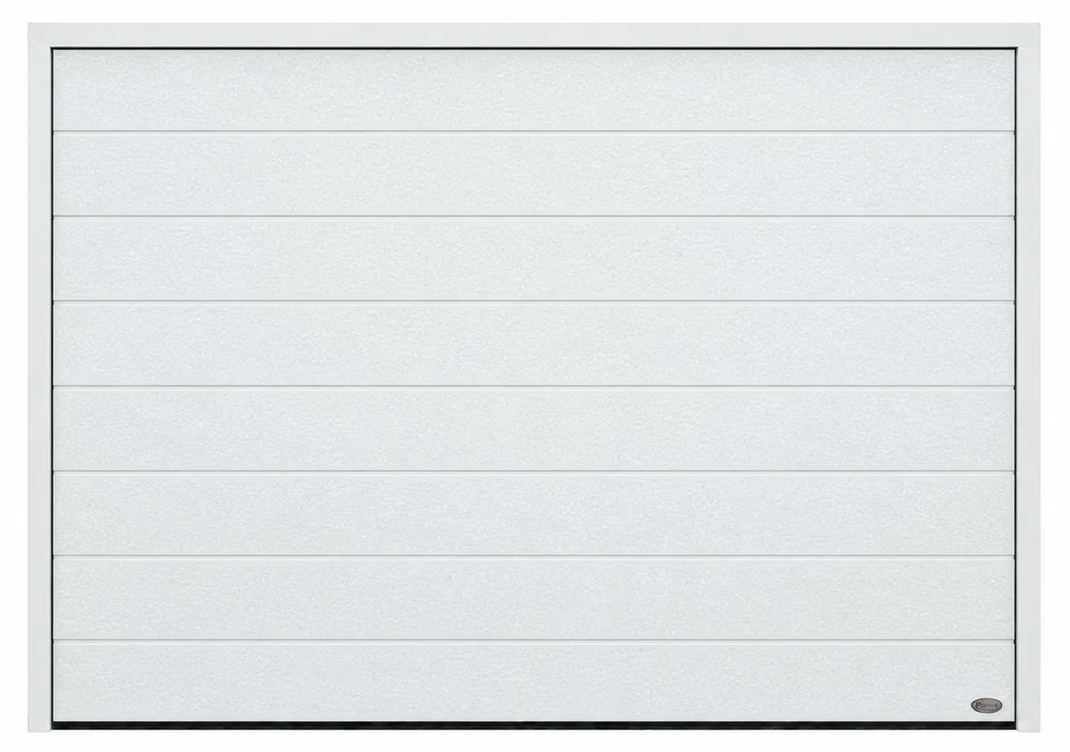 Novoferm-Sektionaltor Großsicke Glatt in Satin White (ähnlich RAL 9016), Ansicht von vorn mit Rahmen