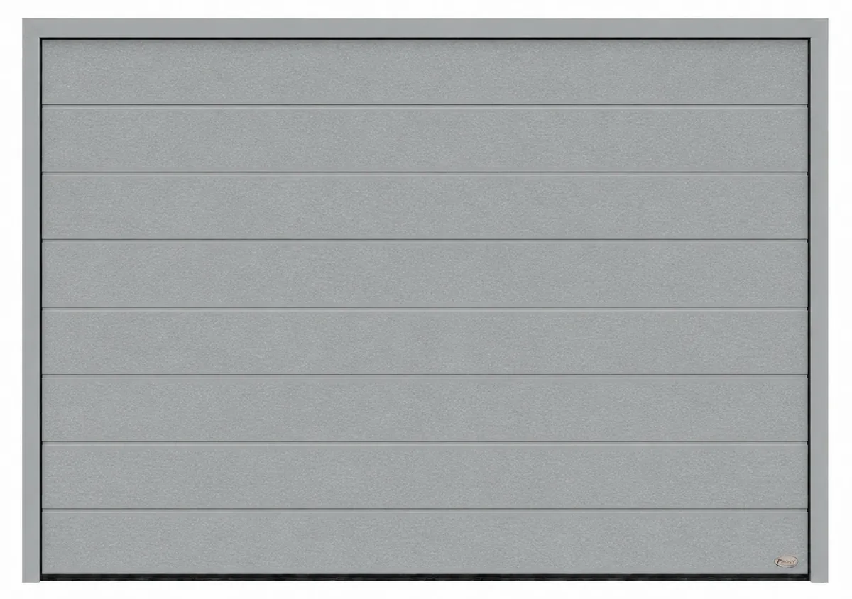 Novoferm-Sektionaltor Großsicke Glatt in Satin Window Grey (ähnlich RAL 7040), Ansicht von vorn mit Rahmen